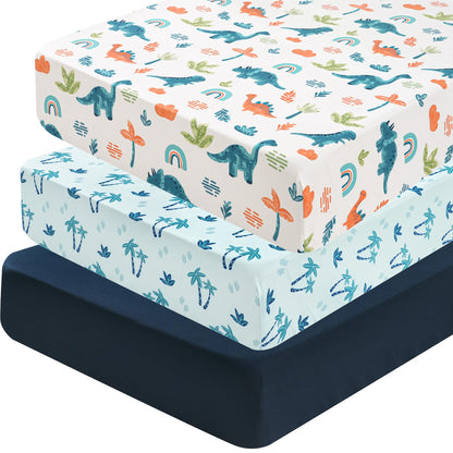 david's kids 3 Pack Fitted Crib Sheets, Ultra Soft Breathable Comfortable Baby Sheet Set for Boys Girls Neutral, 28x52 Inch Fits Standard Crib and Toddler Mattresses, Dinosaur