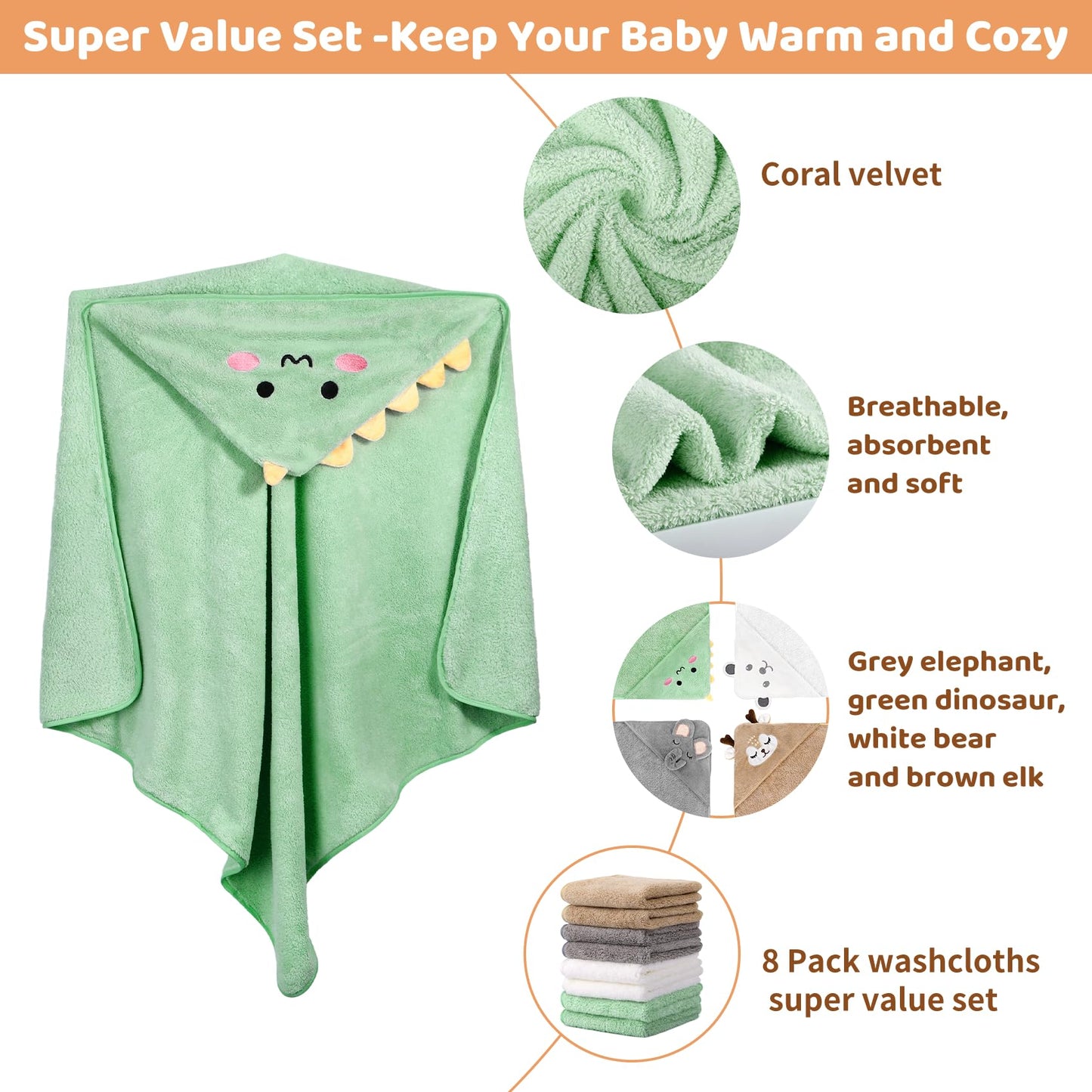 12 PCS Baby Bath Towels Set for Infants Toddlers, 4 PCS Animal Hooded Baby Towels & 8 PCS Washcloths Set, Ultra Absorbent Cute Soft Newborn Bath Essentials Gifts for Boys & Girls