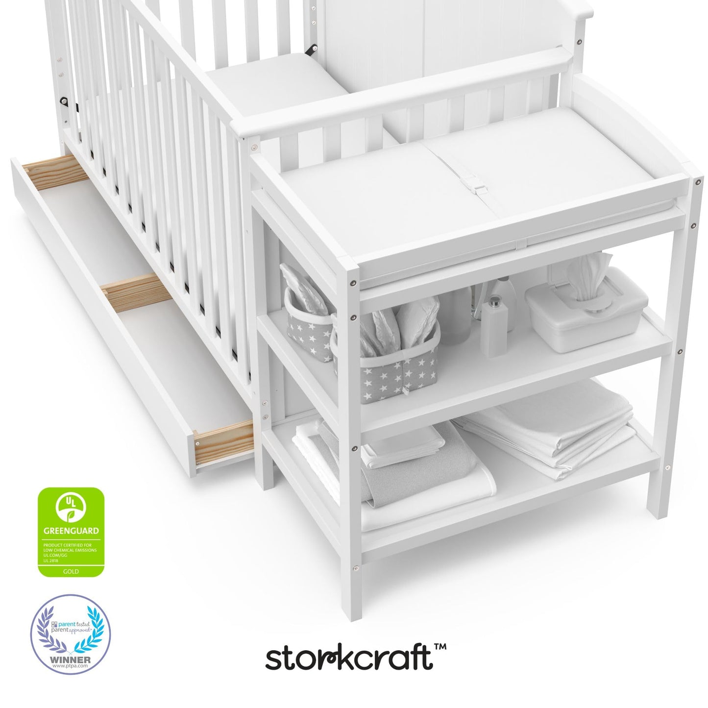 Storkcraft Steveston 5-in-1 Convertible Crib & Changer – GREENGUARD Gold Certified, Fits Standard Crib Mattress, Converts to Toddler Bed and Full Bed, 4 Adjustable Mattress Heights (Gray)