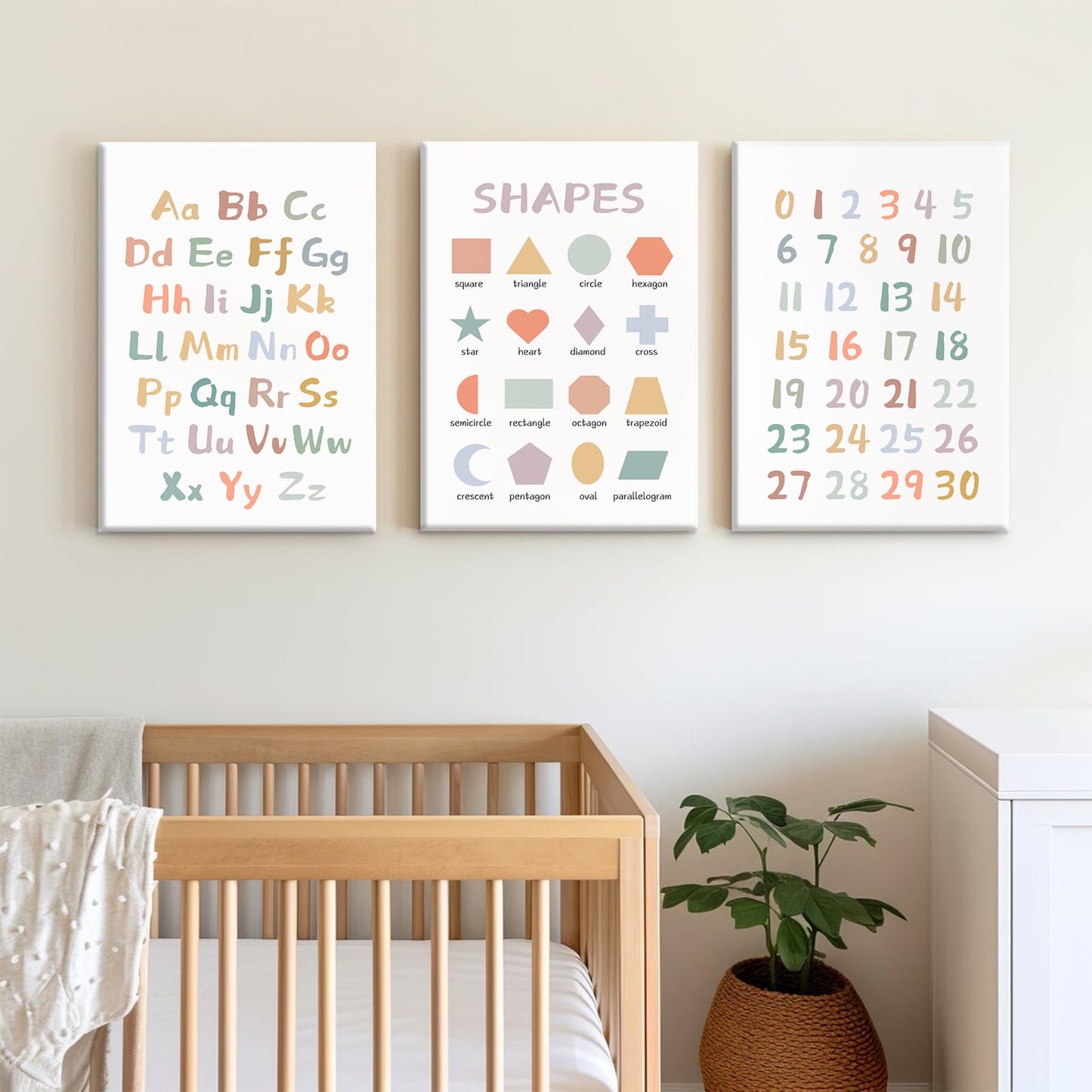 Kids Playroom Wall Art Decor Nursery ABC Alphabet Poster Play Room Canvas Wall Decor Toddler Childrens Educational Artwork Numbers Shapes Prints ABC Picture for Playroom 12x16 Inch Unframed Set of 3