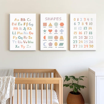 Kids Playroom Wall Art Decor Nursery ABC Alphabet Poster Play Room Canvas Wall Decor Toddler Childrens Educational Artwork Numbers Shapes Prints ABC Picture for Playroom 12x16 Inch Unframed Set of 3