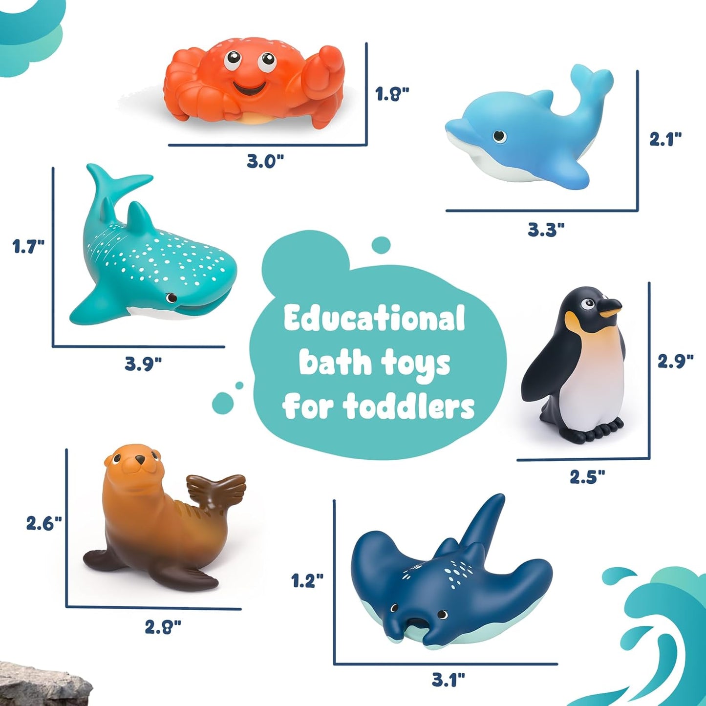 6-Pcs Ocean Bath Toys for Toddlers 1-3, No Hole Mold Free Bathtub Toys, Whale Shark Dolphin Penguin Sea Animal Set for Baby Bath Time or Pool Water Play