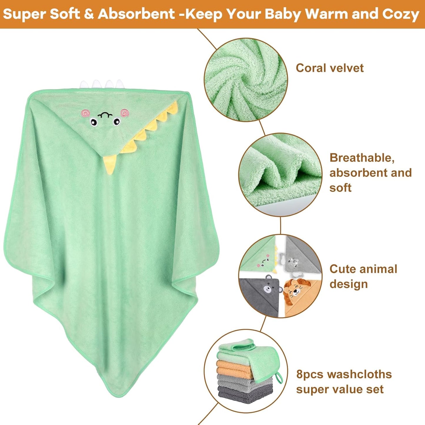 12 PCS Baby Bath Towels Set for Infants Toddlers, 4 PCS Animal Hooded Baby Towels & 8 PCS Washcloths Set, Ultra Absorbent Cute Soft Newborn Bath Essentials Gifts for Boys & Girls