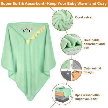 12 PCS Baby Bath Towels Set for Infants Toddlers, 4 PCS Animal Hooded Baby Towels & 8 PCS Washcloths Set, Ultra Absorbent Cute Soft Newborn Bath Essentials Gifts for Boys & Girls