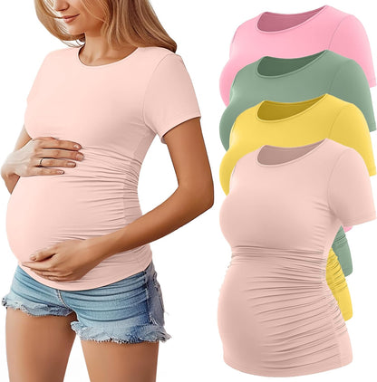 Huukeay 4 Pack Women's Maternity Shirts, Crew Neck Maternity Top Short Sleeve Casual Cotton Tee Side Ruched Pregnancy Clothes