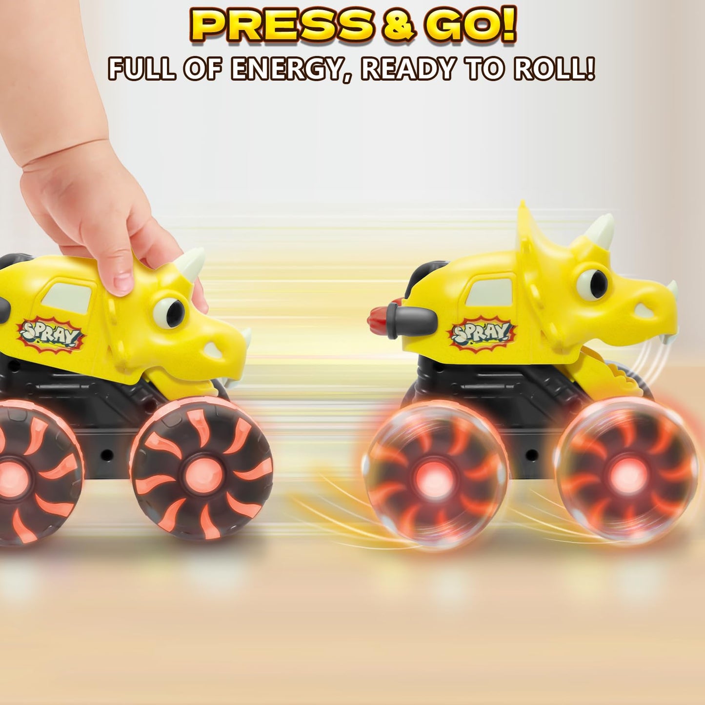 Intoypad 3 Pack Dinosaur Car Toys for Kids Toddlers, Light up Wheels Monster Truck Toys for Boys 2 3 4 5 6 7 8 Years Old Christmas Birthady Gifts Press & Go Dino Trucks Toy for Toddler Boy Baby