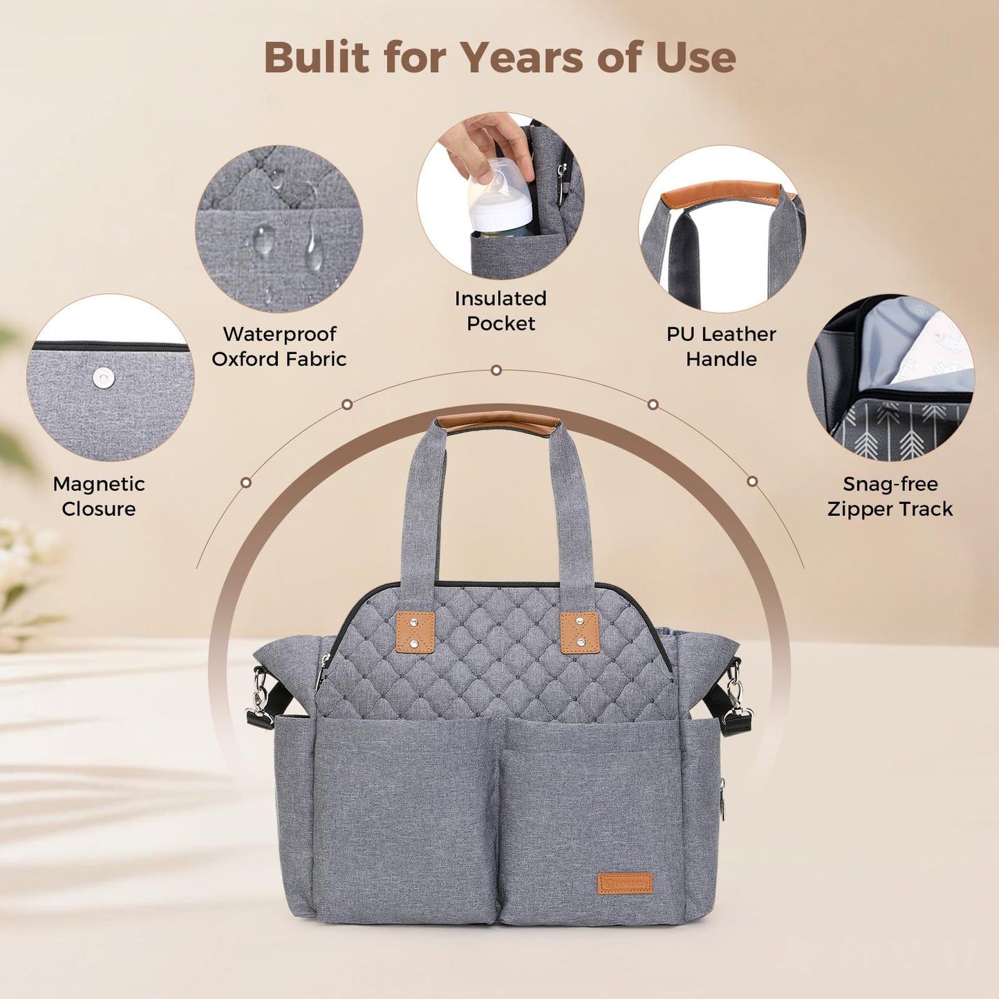 Lekebaby Diaper Bag Tote, 17 Pockets Large Travel Diaper Tote Waterproof with Portable Changing Pad, Mom Crossbody Hospital Bag for Labor Delivery, Baby Essentials for Newborn Gifts, Grey