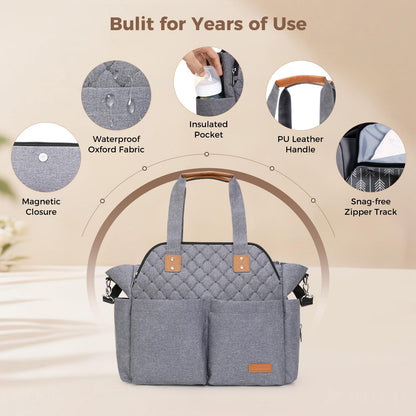 Lekebaby Diaper Bag Tote, 17 Pockets Large Travel Diaper Tote Waterproof with Portable Changing Pad, Mom Crossbody Hospital Bag for Labor Delivery, Baby Essentials for Newborn Gifts, Grey