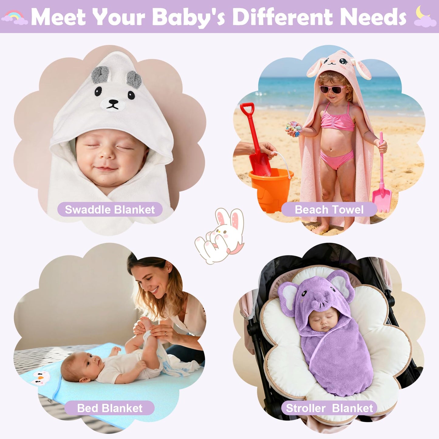 12 PCS Baby Bath Towels Set for Infants Toddlers, 4 PCS Animal Hooded Baby Towels & 8 PCS Washcloths Set, Ultra Absorbent Cute Soft Newborn Bath Essentials Gifts for Boys & Girls