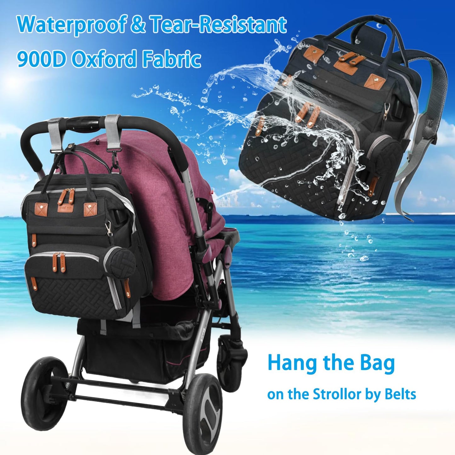 Jeryswet Baby Diaper Bags with Changing Station, Waterproof Large Capacity Diaper Bag Backpack for Moms Dads with USB Charging Port and Stroller Straps, Baby Shower Gifts, Grey