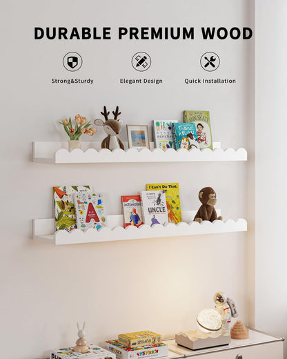 Shario Nursery Book Shelves, 4-Pack White Floating Shelves for Wall Kids, Scalloped Shelves, Wall Book Shelves for Bedroom Kids, Toddler Room, Baby Room, Nursery Decor