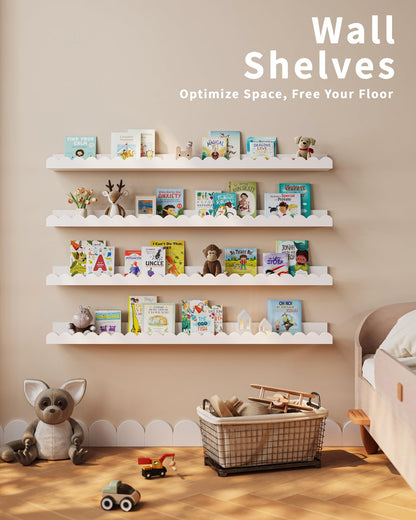 Shario Nursery Book Shelves, 4-Pack White Floating Shelves for Wall Kids, Scalloped Shelves, Wall Book Shelves for Bedroom Kids, Toddler Room, Baby Room, Nursery Decor