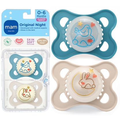 MAM Original Baby Pacifiers 0-6 Months, Binky for Newborn Babies, BPA-Free Skin Soft Silicone Nipple, Glows in The Dark, Developed with Medical Experts, 4 Count, Made in Europe
