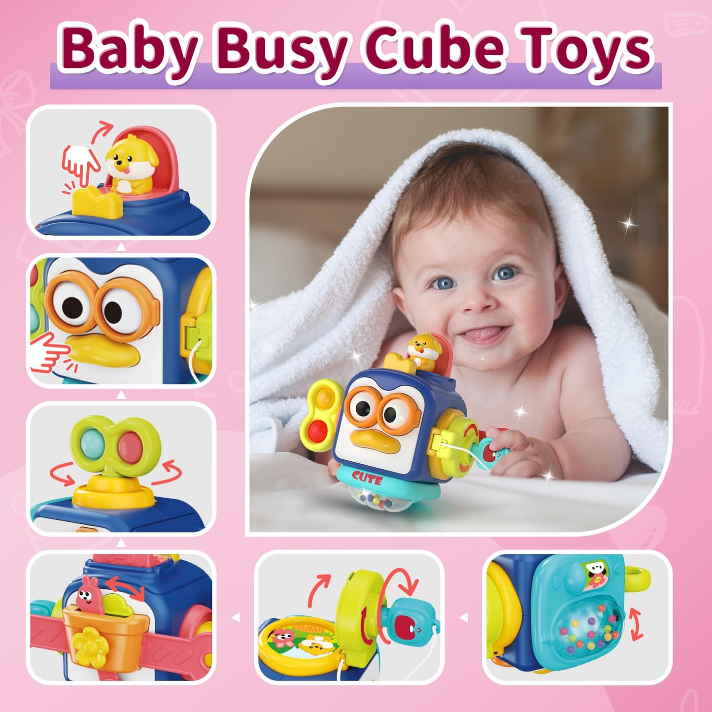 usrela 4 in 1 Baby Toys for 6 12 18 Month, Learning Toys for Babies 6-12 Months, Busy Cube, Stacking Sorter, Piano Xylophone Pull String Travel Toy, Birthday Gifts for Toddlers 1 2 Years Old
