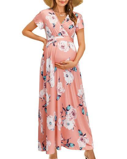 OUGES Maternity Maxi Dress Wrap Baby Shower Pregnancy Dresses for Photoshoot Maternity Outfits Summer Clothes 2026