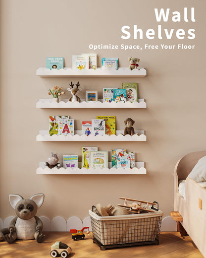 Shario Nursery Book Shelves, 4-Pack White Floating Shelves for Wall Kids, Scalloped Shelves, Wall Book Shelves for Bedroom Kids, Toddler Room, Baby Room, Nursery Decor