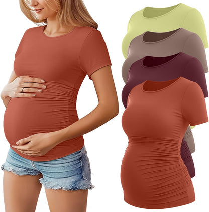 Huukeay 4 Pack Women's Maternity Shirts, Crew Neck Maternity Top Short Sleeve Casual Cotton Tee Side Ruched Pregnancy Clothes
