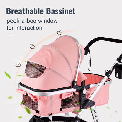 Hagaday Baby Stroller, 2-in-1 Reversible Toddler Seat with Bassinet Mode, Foldable Infant Stroller with Canopy, One Button Brake, Adjustable Handle, Newborn Pushchair(Blue)
