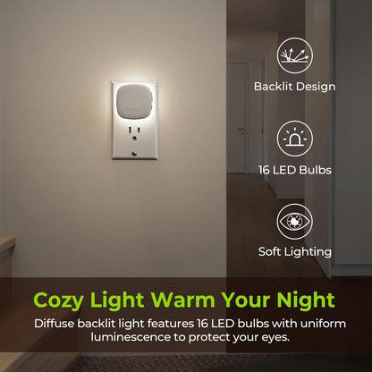 AUVON Plug-in LED Backlit Night Light with Motion Sensor & Dusk to Dawn Sensor, Dimmable Warm White Nightlight with 1-50 lm Adjustable Brightness for Bedroom, Bathroom, Stairs, Hallway (4 Pack)