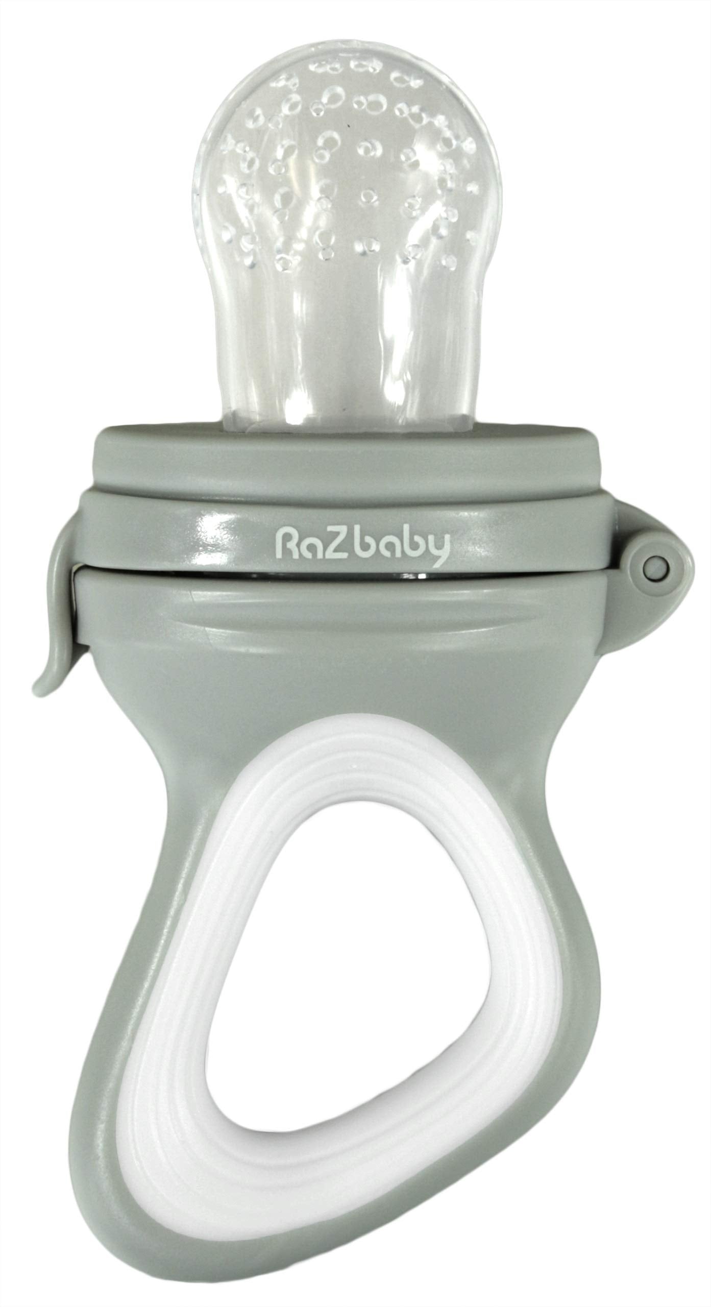 RaZbaby Baby Solids/Frozen Fruit Feeder Pacifier, Infant Teether Toy 6M+, BPA-Free, Safely Introduce Solids, Natural Teething Relief, Dishwasher Safe, Freezable – Blue & Orange 2-Pack