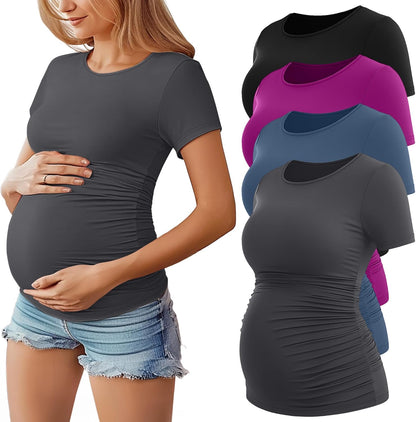 Huukeay 4 Pack Women's Maternity Shirts, Crew Neck Maternity Top Short Sleeve Casual Cotton Tee Side Ruched Pregnancy Clothes