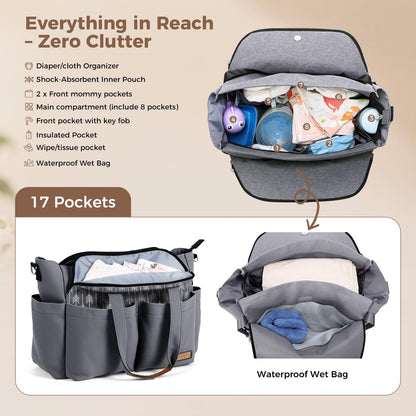 Lekebaby Diaper Bag Tote, 17 Pockets Large Travel Diaper Tote Waterproof with Portable Changing Pad, Mom Crossbody Hospital Bag for Labor Delivery, Baby Essentials for Newborn Gifts, Grey