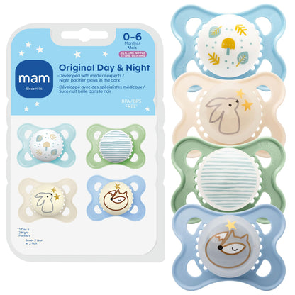 MAM Original Baby Pacifiers 0-6 Months, Binky for Newborn Babies, BPA-Free Skin Soft Silicone Nipple, Glows in The Dark, Developed with Medical Experts, 4 Count, Made in Europe