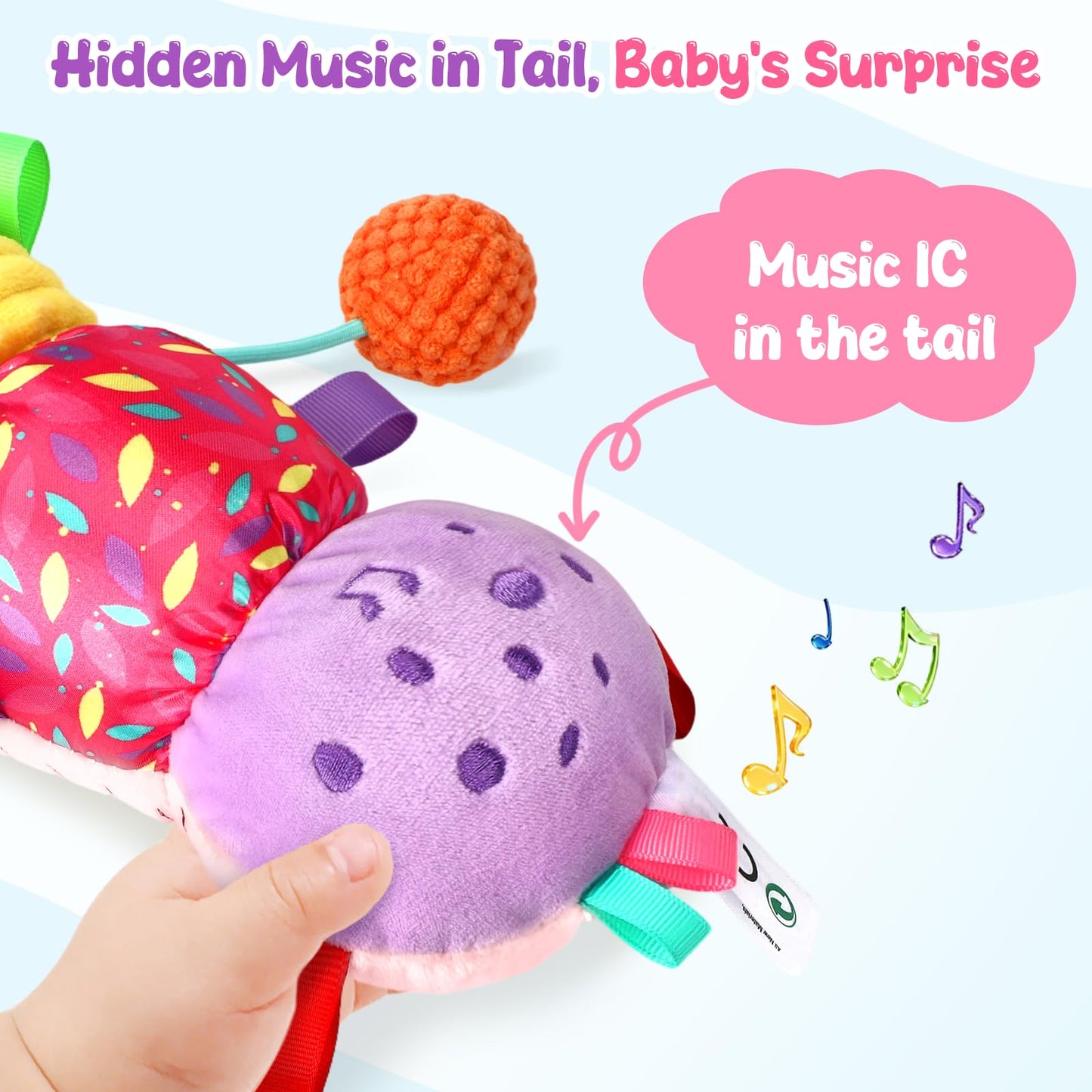 Baby Sensory Toys for 0-6 6-12 Months, Musical Stuffed Caterpillar Animal Toys for Infant 3 6 9 12 18 Months, Tummy Time Toys with Mirror Rattle Crinkle for Newborn Boys Girls Shower Gifts