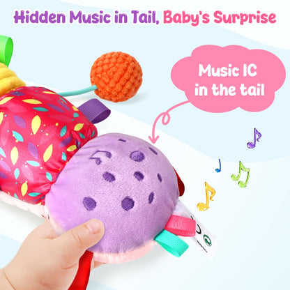 Baby Sensory Toys for 0-6 6-12 Months, Musical Stuffed Caterpillar Animal Toys for Infant 3 6 9 12 18 Months, Tummy Time Toys with Mirror Rattle Crinkle for Newborn Boys Girls Shower Gifts