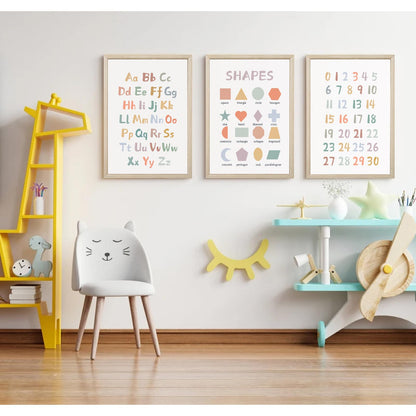 Kids Playroom Wall Art Decor Nursery ABC Alphabet Poster Play Room Canvas Wall Decor Toddler Childrens Educational Artwork Numbers Shapes Prints ABC Picture for Playroom 12x16 Inch Unframed Set of 3