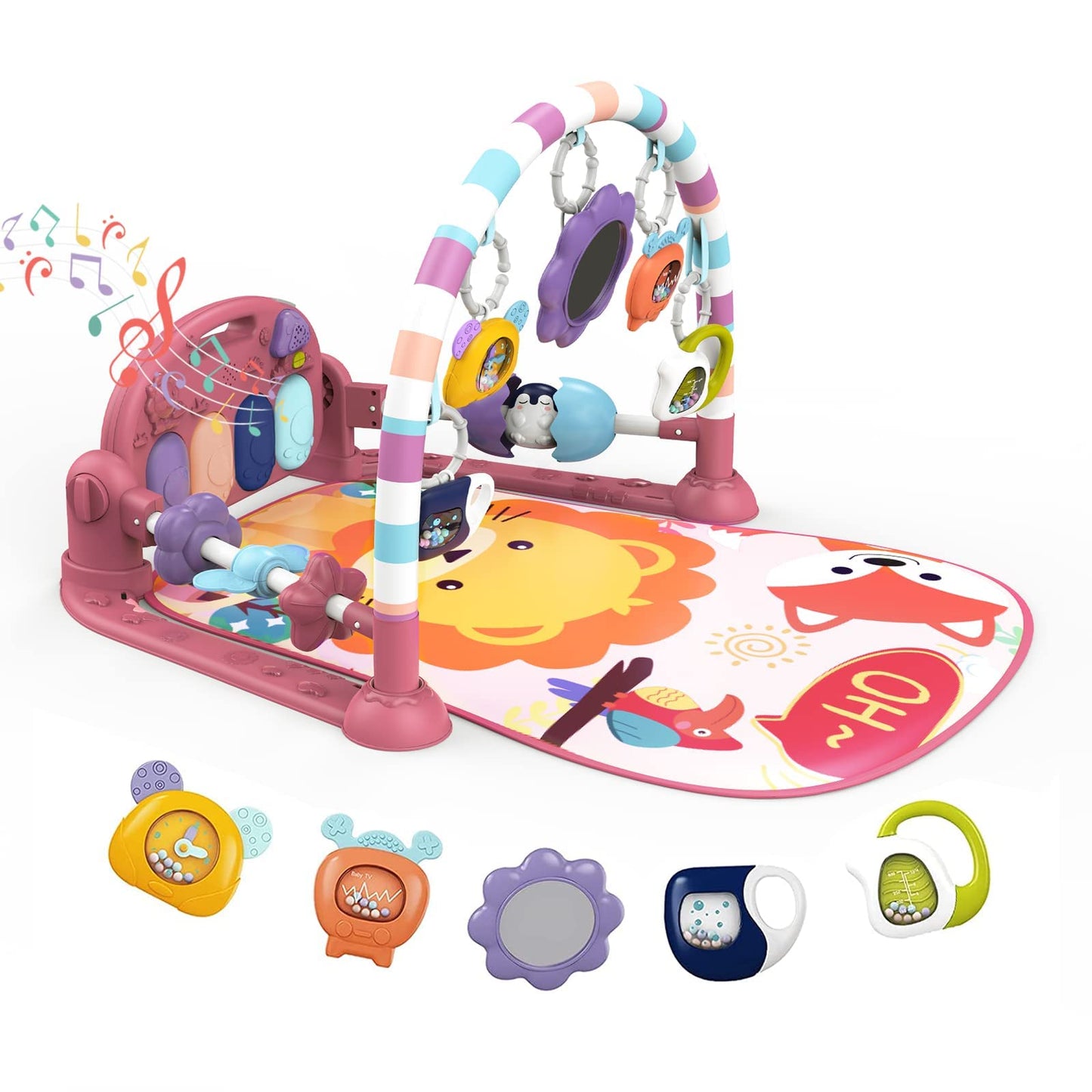 dearlomum Baby Play Mat Gym, Funny Play Piano Tummy Time Activity Mat with 5 Infant Sensory Toys, Music and Lights, Boy & Girl Gifts for Newborns 0 to 3 6 9 12 Months (Pink)