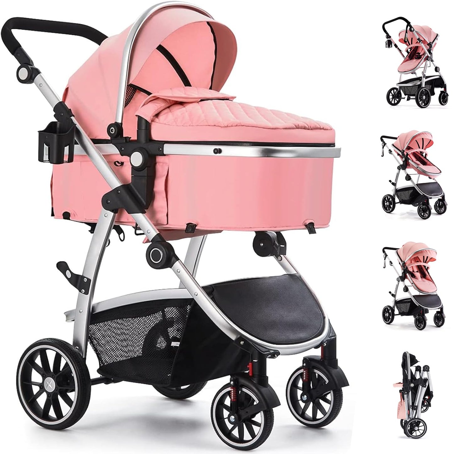 Hagaday Baby Stroller, 2-in-1 Reversible Toddler Seat with Bassinet Mode, Foldable Infant Stroller with Canopy, One Button Brake, Adjustable Handle, Newborn Pushchair(Blue)