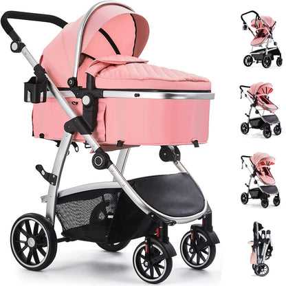 Hagaday Baby Stroller, 2-in-1 Reversible Toddler Seat with Bassinet Mode, Foldable Infant Stroller with Canopy, One Button Brake, Adjustable Handle, Newborn Pushchair(Blue)