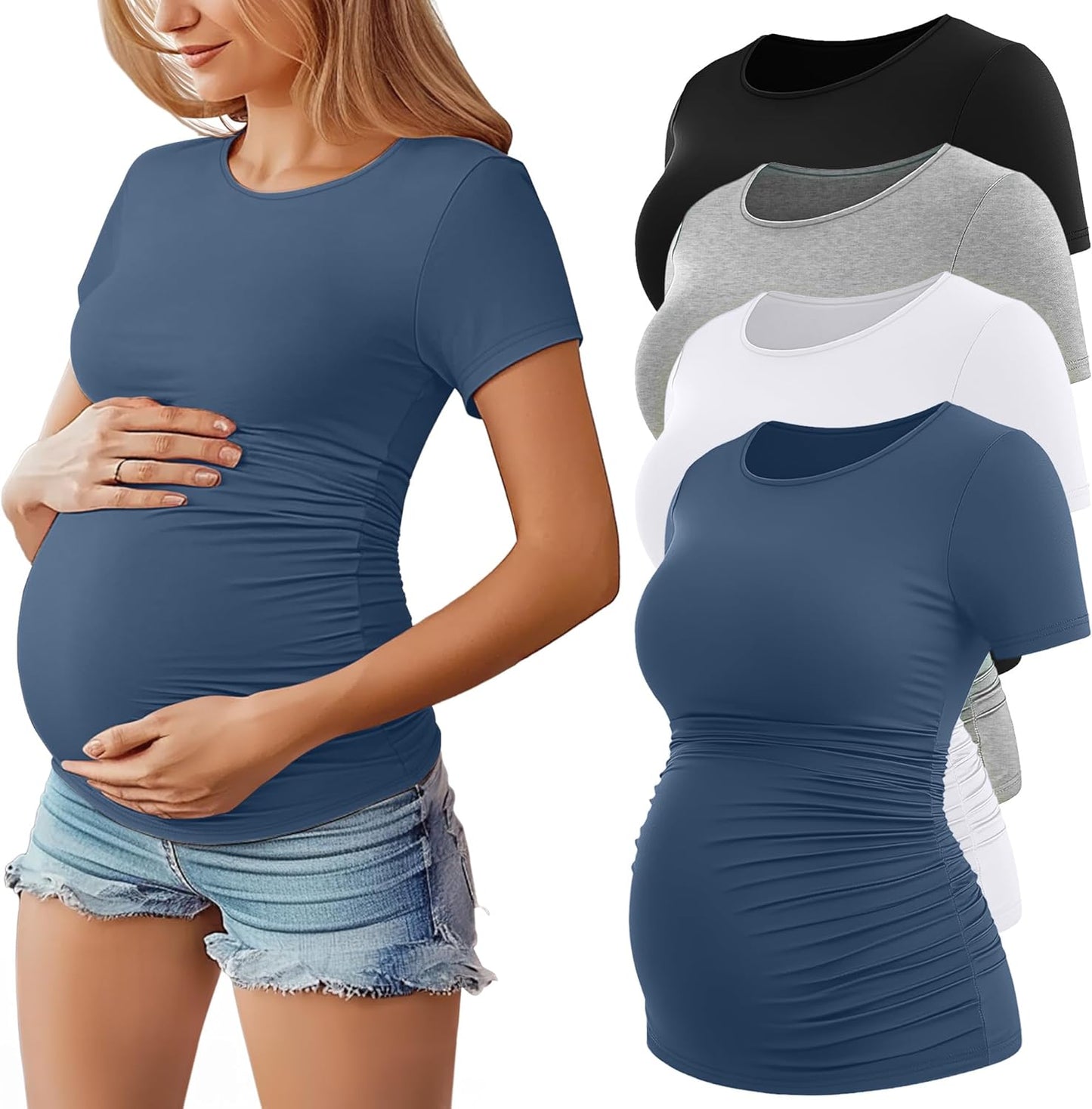 Huukeay 4 Pack Women's Maternity Shirts, Crew Neck Maternity Top Short Sleeve Casual Cotton Tee Side Ruched Pregnancy Clothes