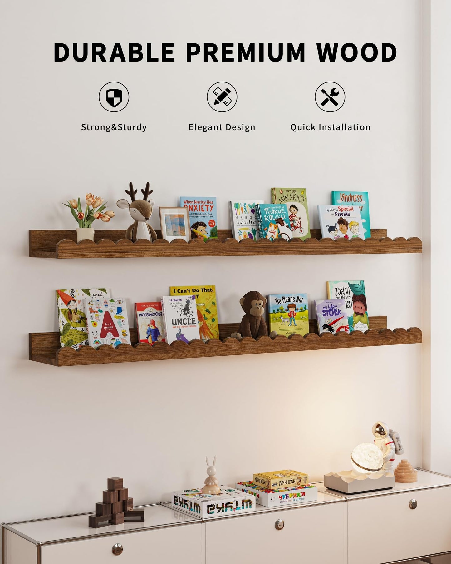 Shario Nursery Book Shelves, 4-Pack White Floating Shelves for Wall Kids, Scalloped Shelves, Wall Book Shelves for Bedroom Kids, Toddler Room, Baby Room, Nursery Decor