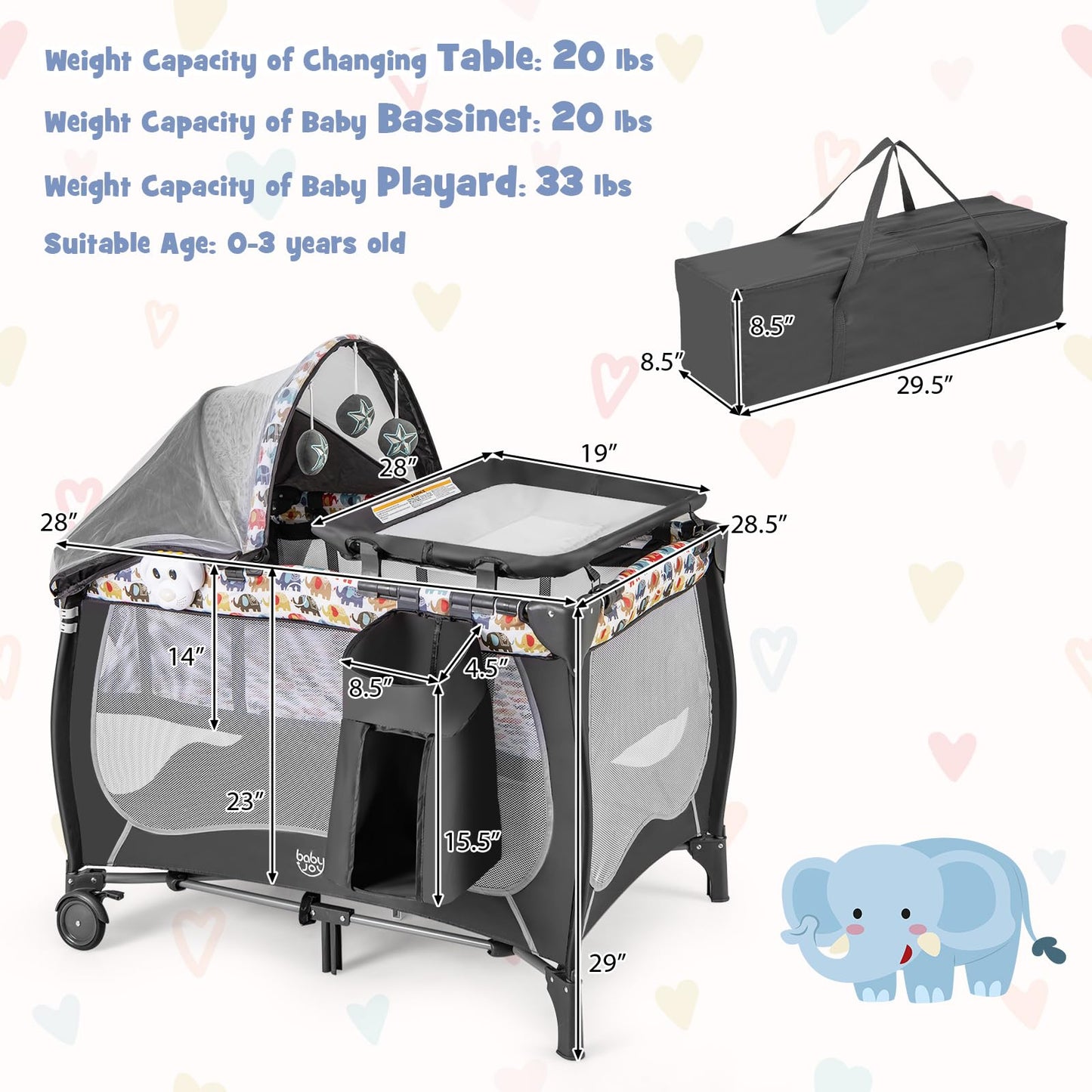 BABY JOY 4 in 1 Pack and Play with Canopy, Portable Baby Playard with Bassinet, Double-Layer Baby Crib, Wheels & Brake, Foldable Baby Girl Pink Princess Bassinet from Newborn to Toddler