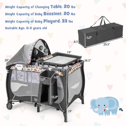 BABY JOY 4 in 1 Pack and Play with Canopy, Portable Baby Playard with Bassinet, Double-Layer Baby Crib, Wheels & Brake, Foldable Baby Girl Pink Princess Bassinet from Newborn to Toddler