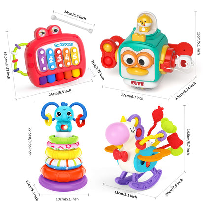 usrela 4 in 1 Baby Toys for 6 12 18 Month, Learning Toys for Babies 6-12 Months, Busy Cube, Stacking Sorter, Piano Xylophone Pull String Travel Toy, Birthday Gifts for Toddlers 1 2 Years Old