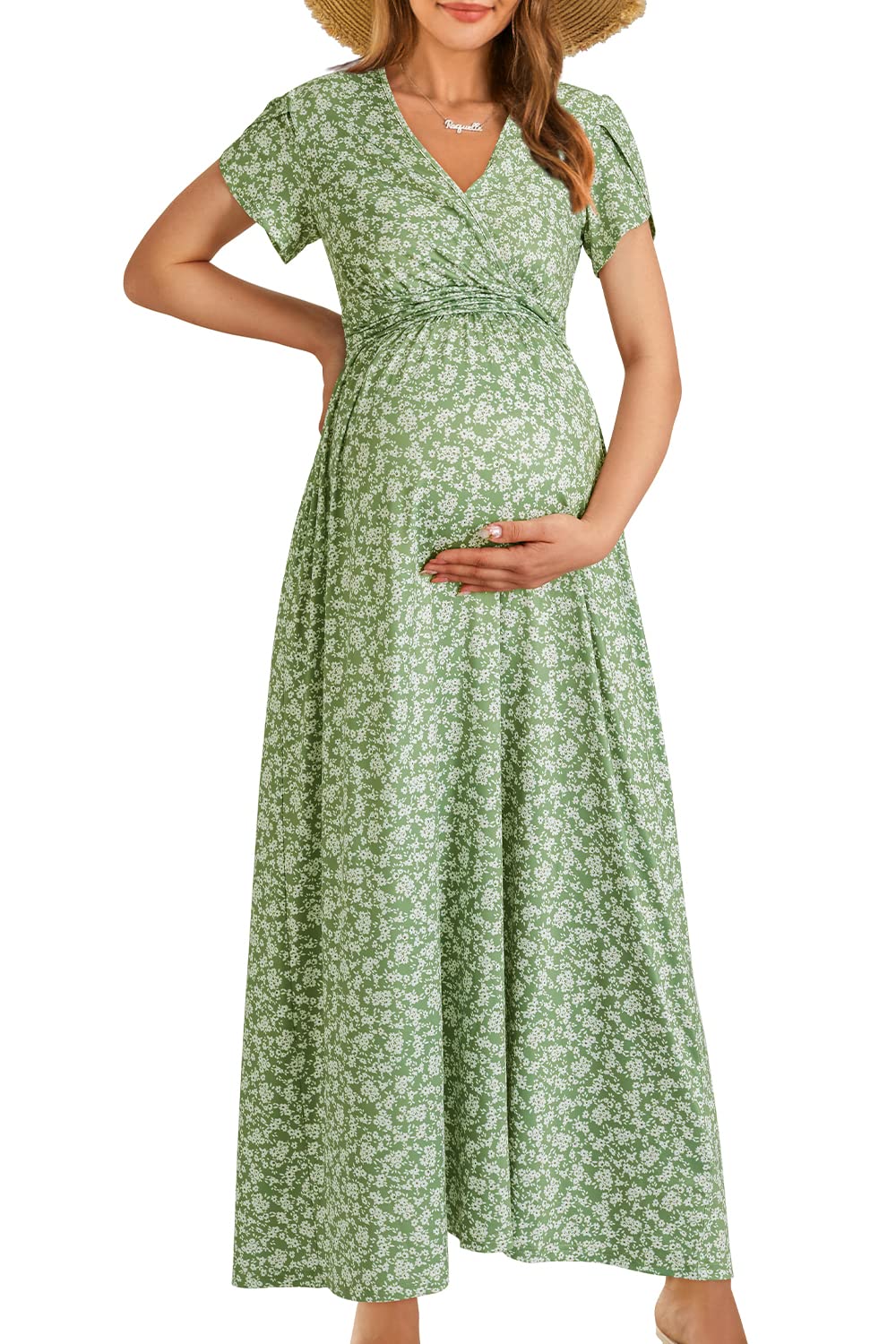OUGES Maternity Maxi Dress Wrap Baby Shower Pregnancy Dresses for Photoshoot Maternity Outfits Summer Clothes 2026
