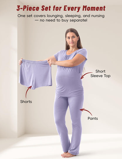SUNNYBUY Womens Maternity Nursing Pajamas Set, Short Sleeve Breastfeeding Shirts，Pregnancy Shorts & Pants 3 Piece Nursing PJS