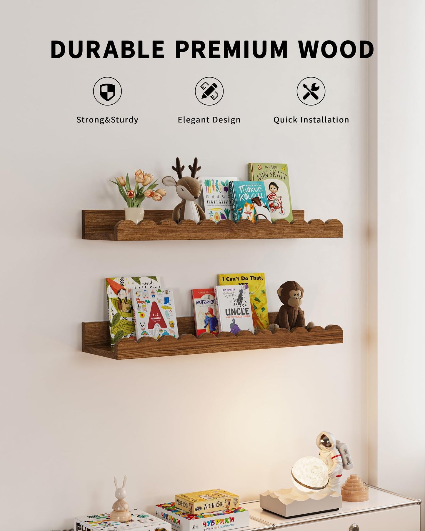 Shario Nursery Book Shelves, 4-Pack White Floating Shelves for Wall Kids, Scalloped Shelves, Wall Book Shelves for Bedroom Kids, Toddler Room, Baby Room, Nursery Decor