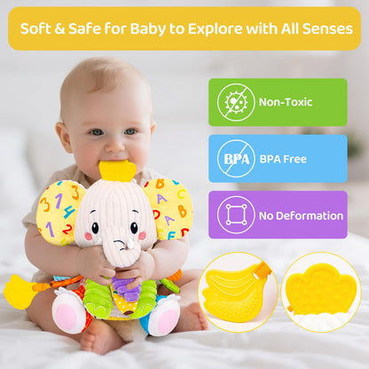 Baby Toys 3-6 Months, Musical Stuffed Elephant Toddler Toy for Newborn Infant 3 6 9 12 Months, Tummy Time Toys Montessori Sensory Toys 0-6 6-12 Months, Crinkle Paper, Mirror Soothing Music Shower Gift