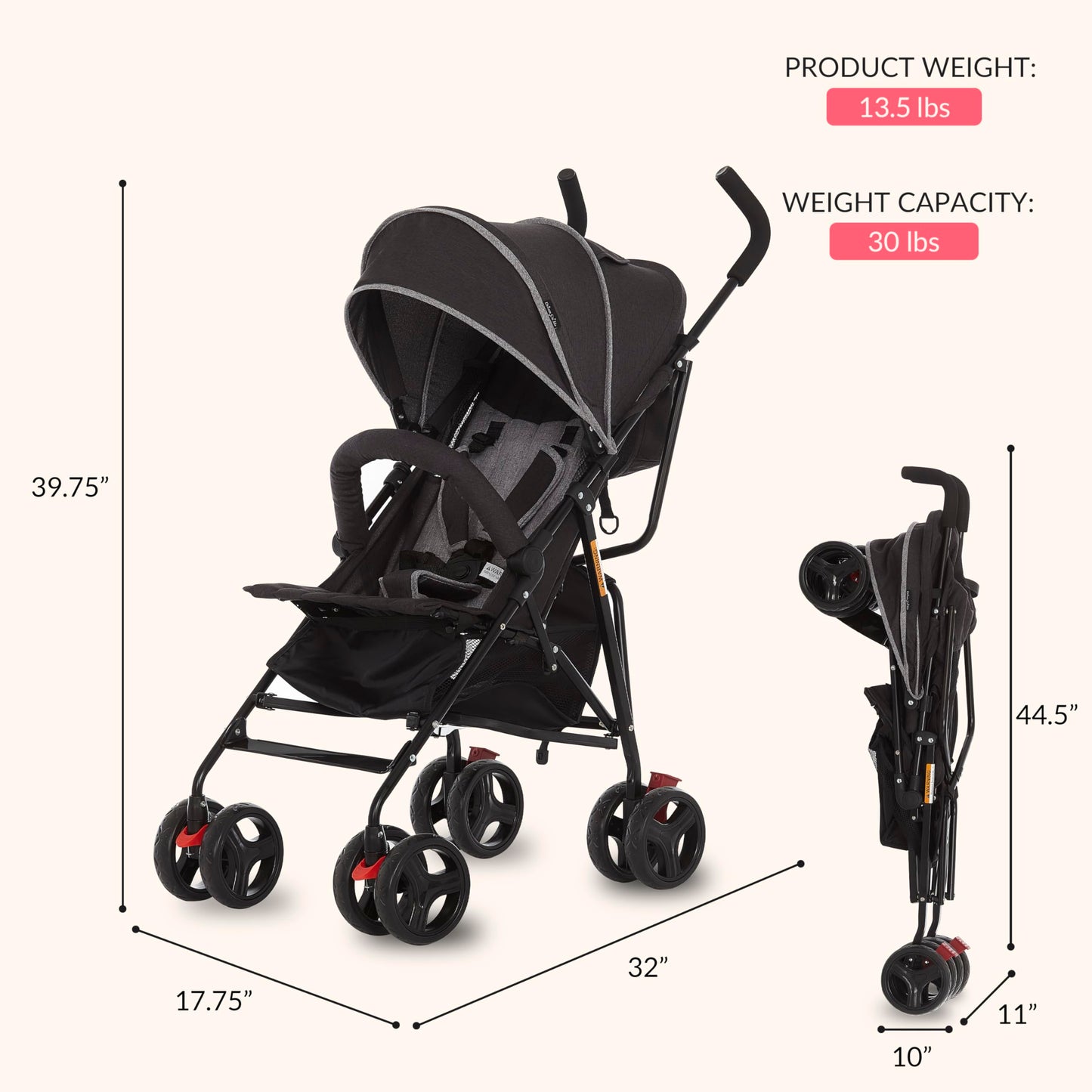 Dream On Me Vista Moonwalk Baby Stroller, Lightweight Travel Umbrella Stroller with Compact Fold, Smooth Ride Wheels, Multi-Position Recline, Spacious Storage Basket with Cup Holder, Light Gray