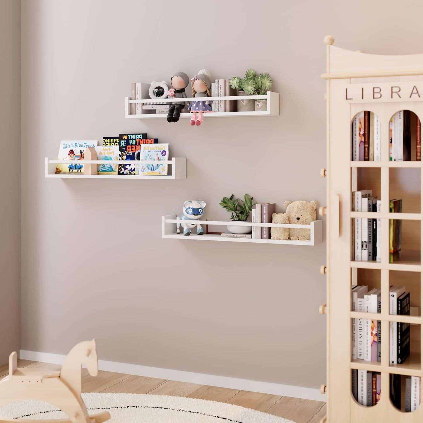 Fixwal Nursery Book Shelves, 16.5 Inch Floating Bookshelves for Wall Set of 3, Baby Nursery Decor, Solid Wood Wall Mounted Shelves for Books, Toys and Decor Storage (Brown)