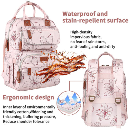 Diaper Bag Backpack, Baby Girl Diaper Bag for Mom, Large Pink Floral Diaper Bag Backpack for Girls, Waterproof Mom Backpack for Work Travel Holiday with Insulated Pockets and Stroller Straps