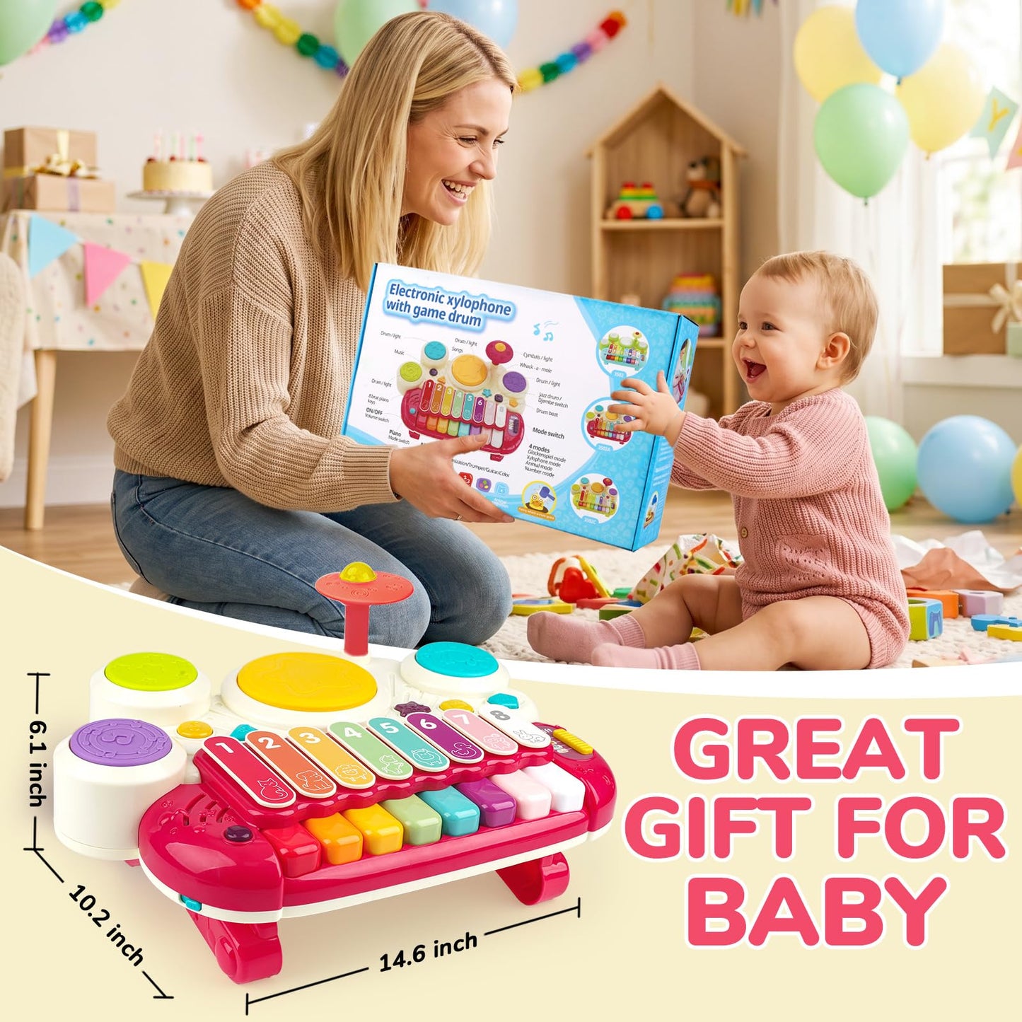 Baby Piano Drum Set for Toddlers 1-3, Musical Toys 3 In 1 Baby DJ Table Piano Keyboard Xylophone Instruments for 1 2 Year Old Boys Girls Music & Light Activity Table 6-12-18 Months Old Birthday Gifts