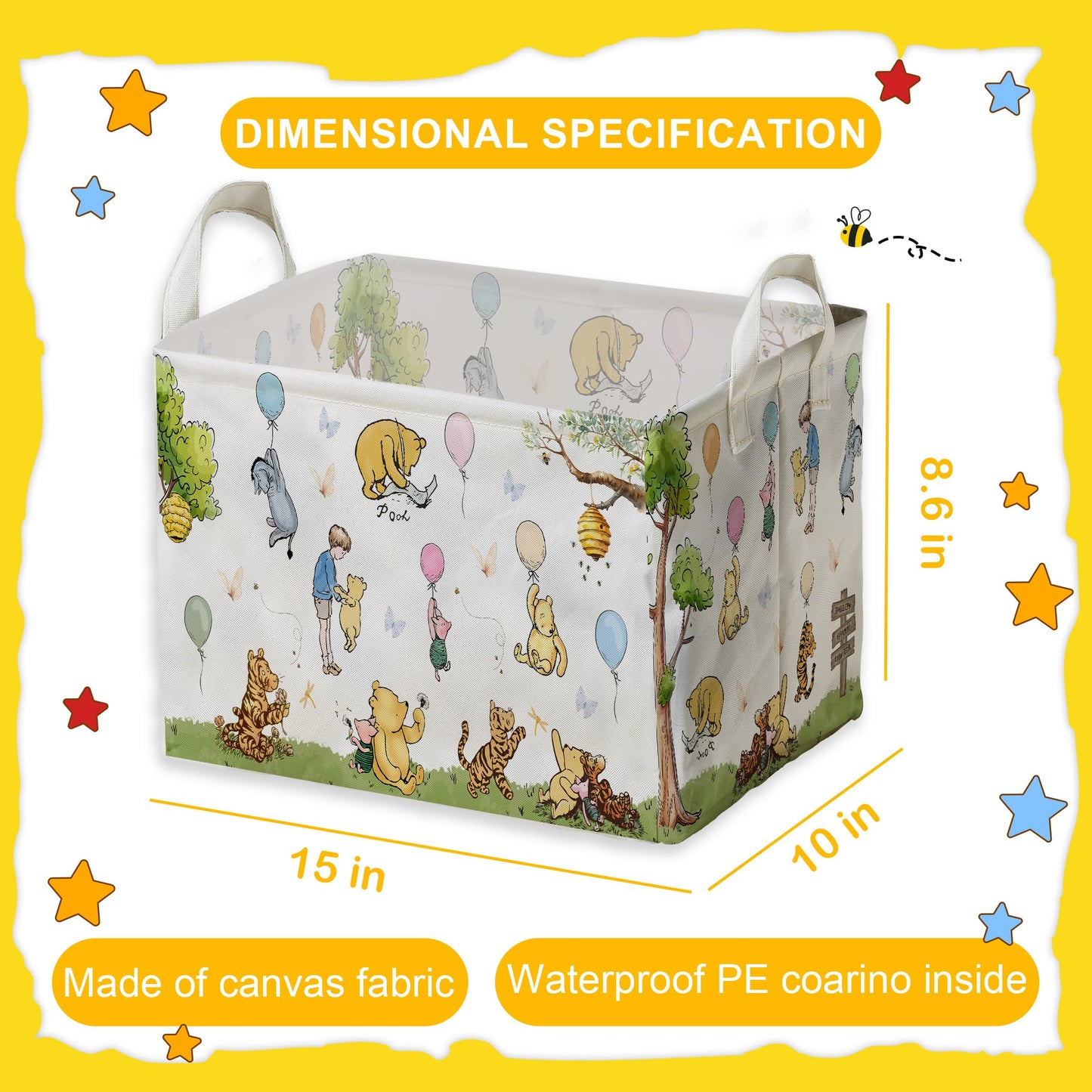Winnie Nursery Decor, the Pooh Baby Stuff, Winnie Storage Nursery Basket, Large squarecanvas Laundry Hamper With A Waterproof PECoating, Foldable, Toys Bin, Baby Nursery HamperDecor, Star