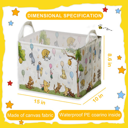 Winnie Nursery Decor, the Pooh Baby Stuff, Winnie Storage Nursery Basket, Large squarecanvas Laundry Hamper With A Waterproof PECoating, Foldable, Toys Bin, Baby Nursery HamperDecor, Star