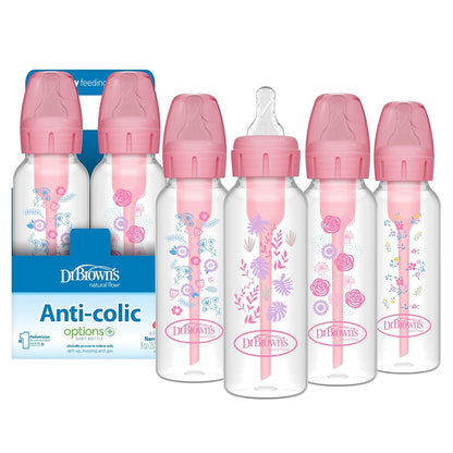 Dr. Brown's Natural Flow Anti-Colic Options+ Narrow Baby Bottle, 8 oz/250 mL, with Level 1 Slow Flow Nipples, 0m+, 4 Pack