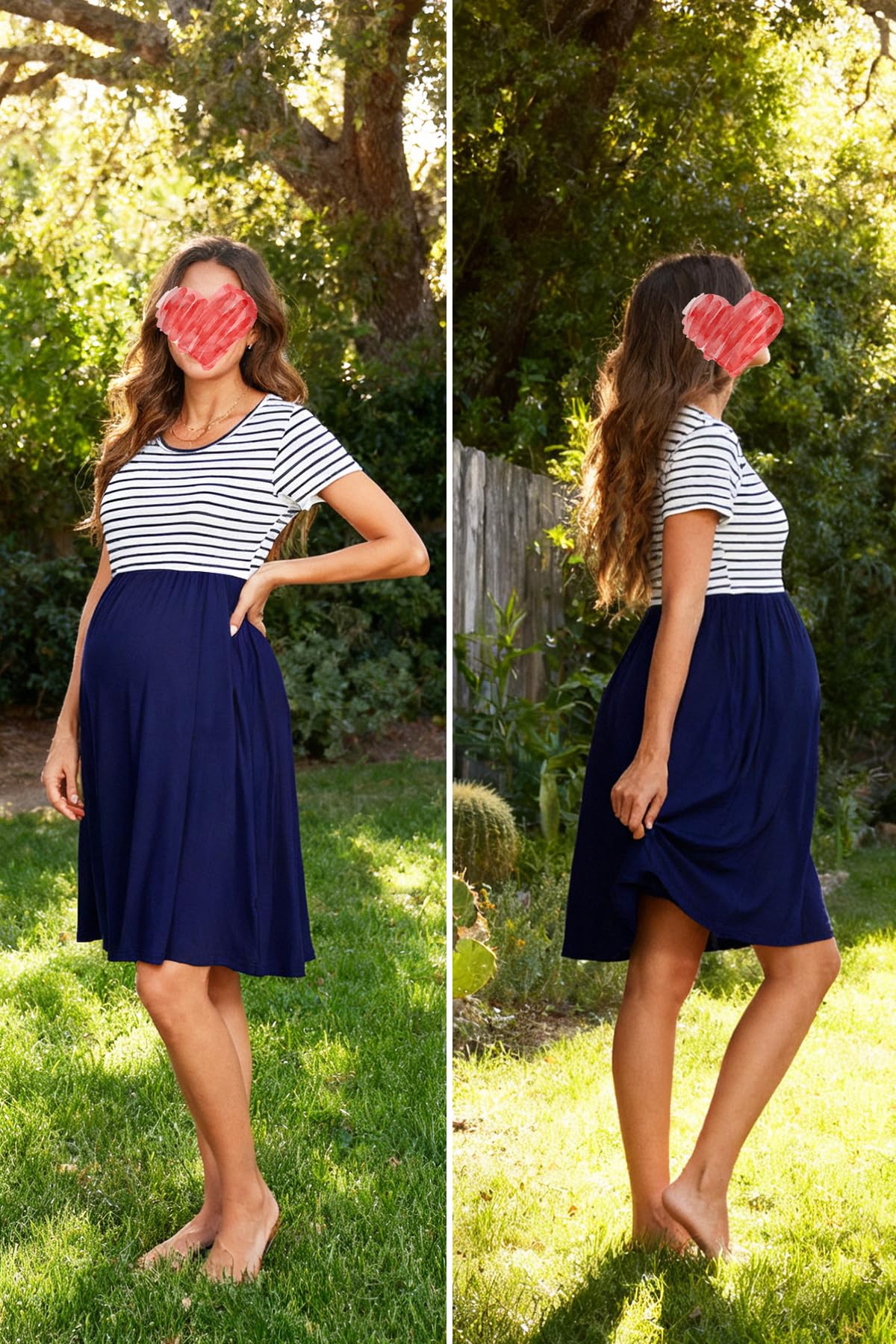 Women's Short Sleeve Maternity Dress Patchwork Pregnancy Clothes with Pockets